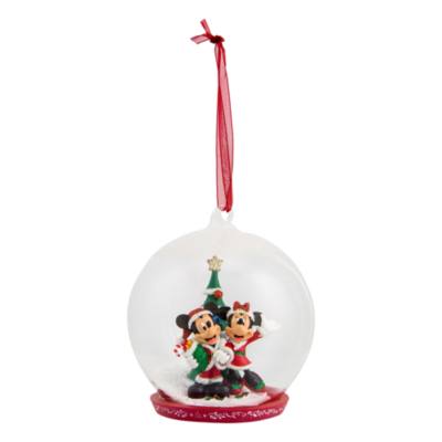 Disneyland Paris Mickey and Minnie Mouse with Christmas Tree Glass Globe Bauble