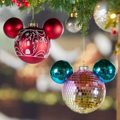Pallina di Natale in vetro rossa Walt Disney World con silhouette di Topolino e Castello di Fantasyland