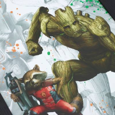 The Prince's Trust Rocket and Groot Framed Splatter Print by Renford Williams, Guardians of the Galaxy