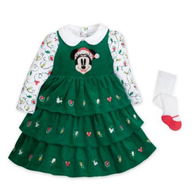 Minnie Maus mit Weihnachtsmannmütze - Weihnachtliches Babyset mit Oberteil, Kleid und Strumpfhose