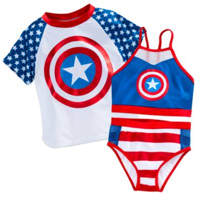 Conjunto de protecci&oacute;n solar infantil de tres piezas con biquini y camiseta del Capit&aacute;n Am&eacute;rica