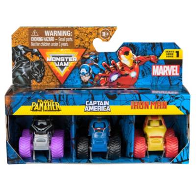 Spin Master Monster Jam Black Panther, Captain America, and Iron Man Marvel Mini Monster Die-Cast Trucks